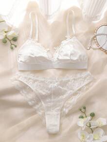 2pcs Triangular Cup Criss-Cross Back Bowknot Bohemian Romantic Comfortable Daily Women Lingerie Set - White - View 1