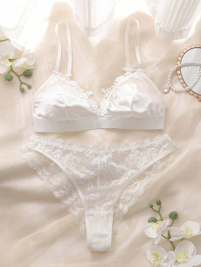 2pcs Triangular Cup Criss-Cross Back Bowknot Bohemian Romantic Comfortable Daily Women Lingerie Set