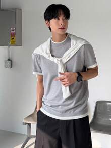 DAZY 男士修身灰色短袖针织上衣，夏季 - 杏色 - 查看 3