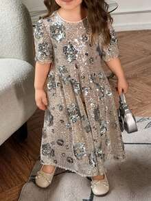 DAZY Young Girl Floral Sequin Decor Round Neck Short Sleeve Elegant Party Dress Vacation - Beige - View 7