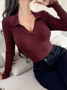 DAZY 女士纯色修身撞色蕾丝长袖套头毛衣 - 酒紅色 - 查看 2