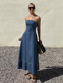 DAZY 女士度假无肩带露背牛仔连衣裙 - 藍色 - 查看 4