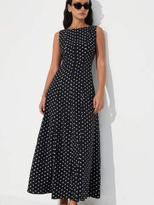 Aveloria Modichic 波点图案，经典黑白配色，复古优雅风格，简约无袖设计，圆领，A字裙摆，修身剪裁，轻盈飘逸，聚酯纤维面料，触感顺滑，舒适百搭，时尚百搭，尽显优雅女士风范，夏季新品，融合街头流行元素，适合晚宴、约会、派对、公园漫步、办公等各种场合。波点连衣裙，女士长款连衣裙，波点连衣裙，无袖连衣裙，黑色波点连衣裙 - 黑與白 - 查看 6