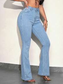 SHEIN SXY Casual Washed High Waist Slim Fit Flare Leg Jeans - Blue - View 5