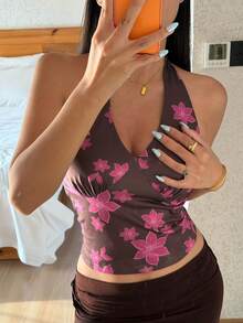 DAZY Top de tirantes con cuello halter con estampado floral y almohadilla de sujetador incorporada para mujeres, adecuado para vacaciones de verano - Gris - Ver 10