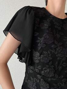 FRIFUL Đầm dài thanh lịch cổ tròn tay bồng họa tiết hoa jacquard dành cho nữ - màu đen - Xem 5