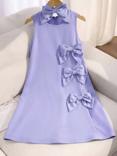 SHEIN 少女紫色蝴蝶结装饰圆领无袖梭织连衣裙