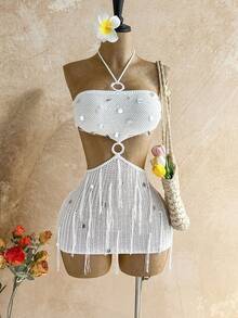 Soleia Women's Vacation Sequin Decor Hollow-Out Sexy Halter Knit Dress White Dress For Women Fringe  Festival Summer Dress Elegant Dresses For Party Beach Dress Holiday Outfits - Beige - View 2