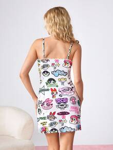 THE POWERPUFF GIRLS X SHEIN Women's Cartoon Print Fitted Camisole Nightgown, Summer - White - View 2