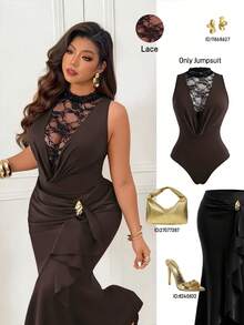 SHEIN Clasi CURVE Plus Size Women's Sexy Bodysuit, Lace Patchwork, Ruffle Collar, Solid Color Knit - Brown - View 1