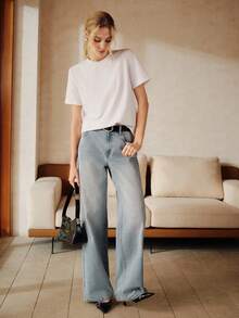 Anewsta Women's Fashionable Chic Urban Modernist White Short Sleeve T-Shirt Top, Summer - White - View 4