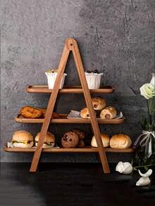 KEMORELA 1PC,Wooden 3 Tier Serving Tray Wood Cupcake Stand Rectangle Serving Platter Food Display Trays For Party, Birthday, Wedding,Kitchen, - Brown - View 4