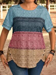 EMERY ROSE Plus Size Women Round Neck Color Block Casual Everyday Short Sleeve T-Shirt - Multicolor - View 5