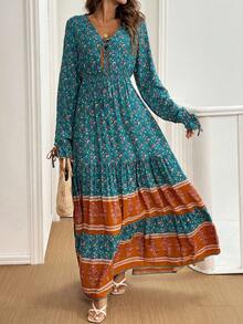 Breezaya 休闲拼布全印花短袖连衣裙长款女装 - 綠色 - 查看 4