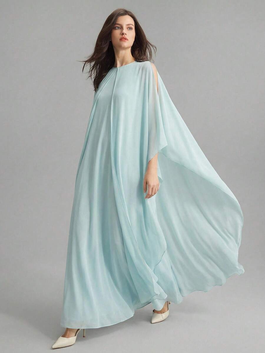 Ontre 2026春夏新款时尚百搭畅销女式长裙，浅蓝色舒适透气雪纺面料，圆领七分袖宽松版型，现代都市时尚商务休闲办公装，低调复古高端都市通勤高品质机场邮轮优雅婚礼宾客装，简约奢华感必备单品，适合所有季节，婚礼宾客装扮，度假装扮，休闲系列，时尚女式衬衫 - 藍色 - 查看 1