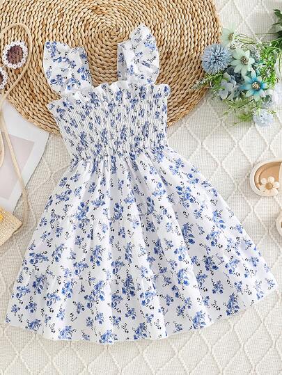SHEIN Genkimix Kids Young Girl' Sweet Cute Fresh Floral Ruffled Layered Cap Sleeve Cake Dress, Suitable For Spring/Summer Vacation & Outdoor Blue And White Floral Dress Girls Young Girl Floral Pattern Dress For Summer Summer Dress Girl Floral