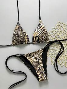 Swim SXY 2026 Spring/Summer 2pcs Set Women's Sexy Random Leopard Print Spaghetti Strap Backless Side Tie Bikini Set - Multicolor - View 6