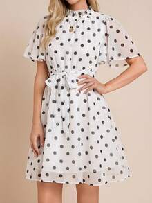 Amorya Women's Polka Dot Print Waist Chiffon Ruffle Hem Cute Mini Dress - White - View 5