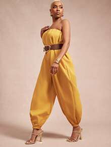 Vixey Solid Woven Strapless Balloon Hem Jumpsuit - Yellow - View 5