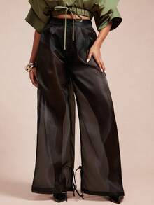 Vixey 透明欧根纱高腰束口灯笼裤 - 黑色 - 查看 2