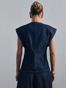 Hauture Áo sơ mi denim nữ kiểu quấn vai với chi tiết kim loại vàng, gợi cảm, phù hợp cho công sở. - Rửa tối - Xem 6