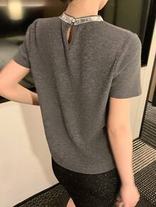 DAZY 女士亮片拼接圆领短袖休闲罗纹T恤 夏季 - 灰色 - 查看 6