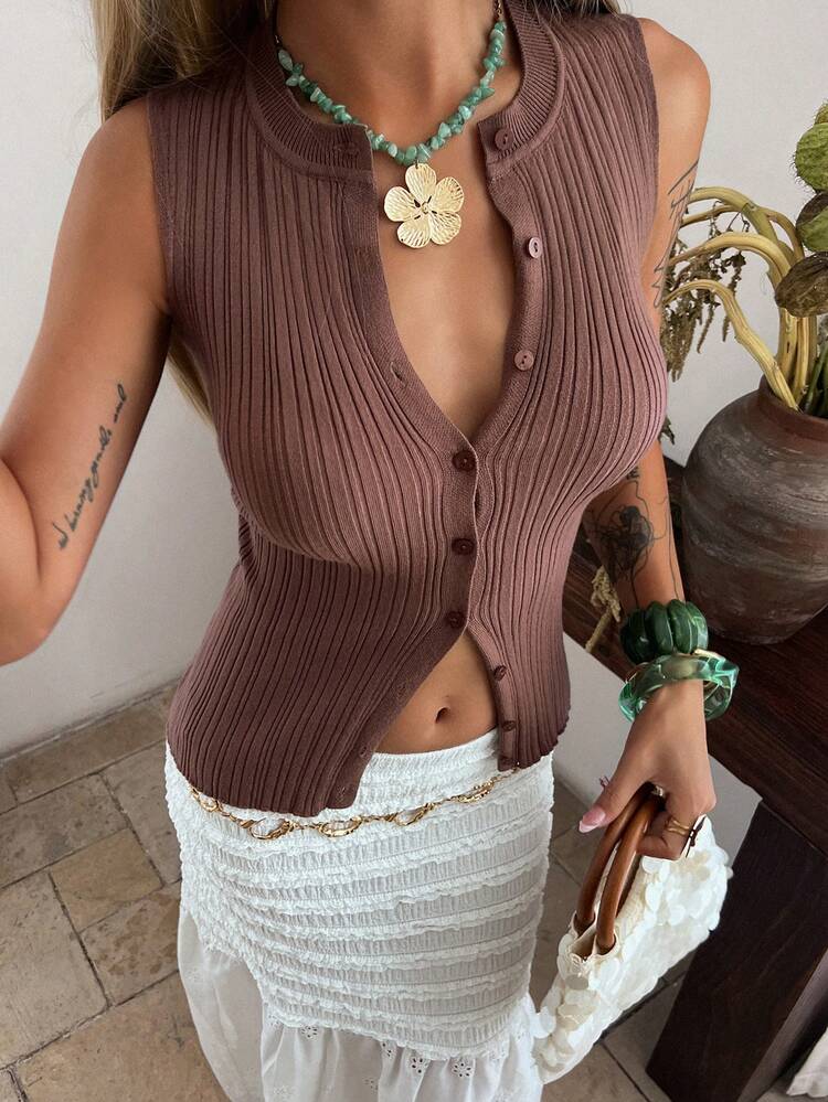 Women's Sleeveless Ribbed Knit Casual Top Summer