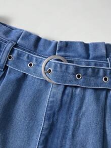 GlowEve 女士休闲牛仔短裤，撞色蕾丝，腰部鸡眼扣设计 - 藍色 - 查看 5