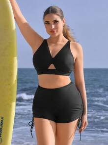 Swim SPRTY Plus Size Women's Solid Color Side Drawstring Pocket Boyshort Bikini Bottom - Black - View 4