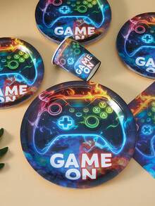 100-Piece Flame Game Machine Party Tableware Set, 7/9-Inch Disposable Paper Plates, Game Machine-Themed Party Decorative Paper Plates, Paper Cups, And Napkins, Disposable Paper Plates, Paper Cups, And Paper Towels, Game Machine-Themed Party Supplies - Multicolor - View 4