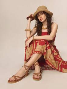 Styleloop Sandal La Mã trang trí đinh tán dành cho nữ, giày du lịch kiểu Bohemian quai chéo dệt mới cho mùa xuân/hè. - màu nâu - Xem 3