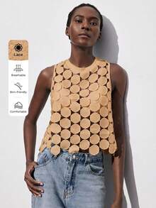 Maija 水溶性刺绣舒适透气圆点背心，适合度假、圣帕特里克节、复活节、夏季、复活节派对、海滩度假、夏季外出、毕业典礼等场合，休闲穿着。 - 卡其色 - 查看 3