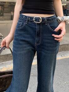 DAZY Women's Pocket Button Casual Versatile Daily Wear Flare Leg Jeans - Blue - View 2