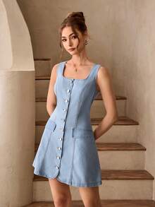 Selenza Women's Single-Breasted Casual Vacation Everyday Denim Dress - Blue - View 3