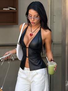 FavEase 女士复古甜美弹力针织涂层PU性感深V露背系带上衣 - 黑色 - 查看 3