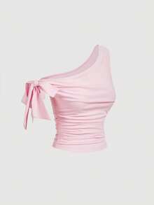 SHEIN MOD 女士粉色蝴蝶结修身弹力上衣 - 粉色 - 查看 3