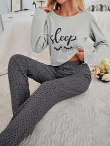 EURMUSE 100% Cotton 2Pcs Eye&Heart Printed PJ Set - Light Grey - View 5