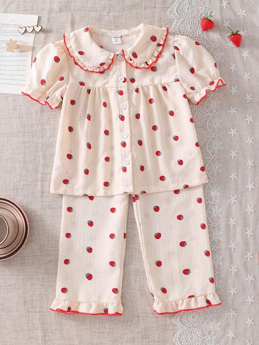 2件套 女童优雅草莓图案纹理翻领荷叶边短袖上衣和裤子睡衣套装 - 杏色 - 查看 1