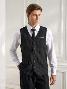 Officeau 男士条纹商务休闲马甲，Old Money - 黑色 - 查看 1