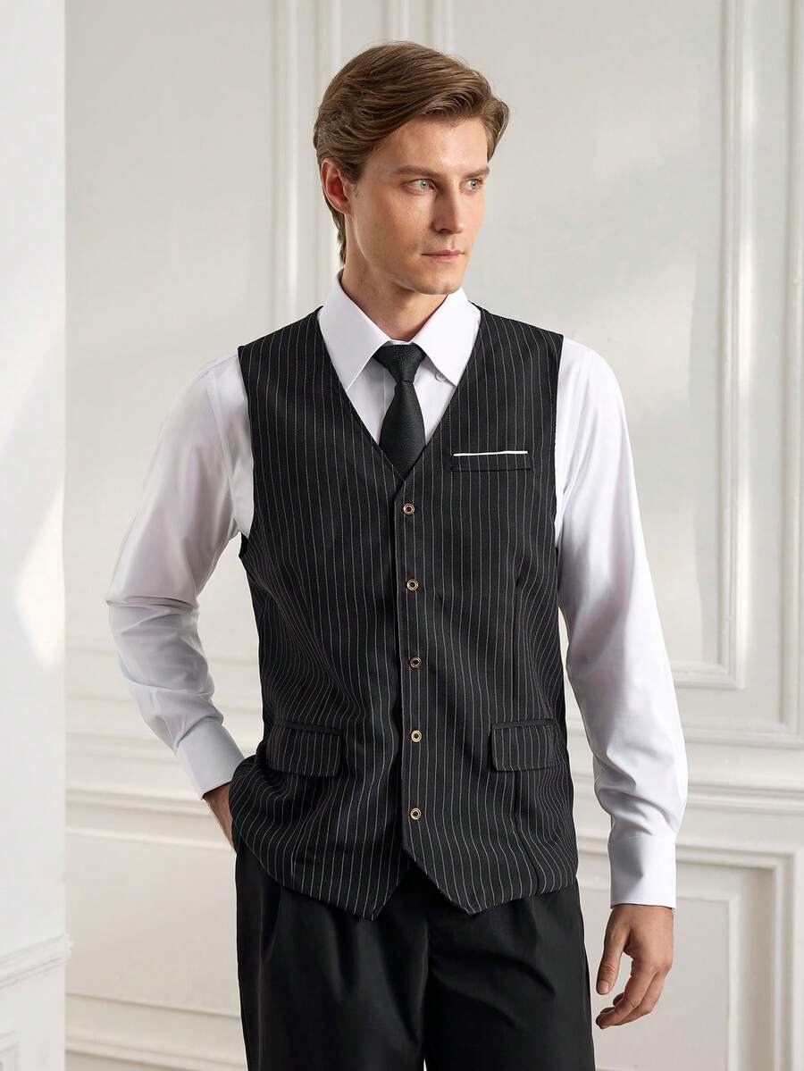 Officeau 男士条纹商务休闲马甲，Old Money - 黑色 - 查看 1