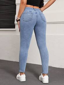 SHEIN PETITE Casual Washed Low-Waist High-Stretch Skinny Jeans - Light Wash - View 2