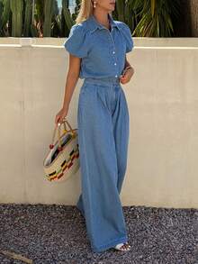 DAZY Damset med skjorta med blommönster och vida jeans, vår/sommar, avslappnad passform - Mediumtvätt - Visa 6