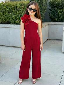 SHEIN 少女休闲优雅红色不对称肩部修身简约3D立体花卉装饰连体裤，适合派对、聚会、婚礼、春夏穿着 - 酒紅色 - 查看 2