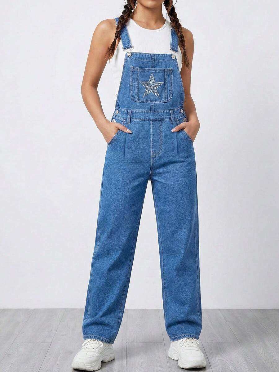 SHEIN ICON Women's Casual Washed Star Rhinestone Denim Bib Pants - Dark Wash - View 1