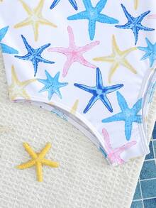 SHEIN Young Girl Starfish Pattern Ruffle Trim One-Piece Swimwear - Blue and White - View 4