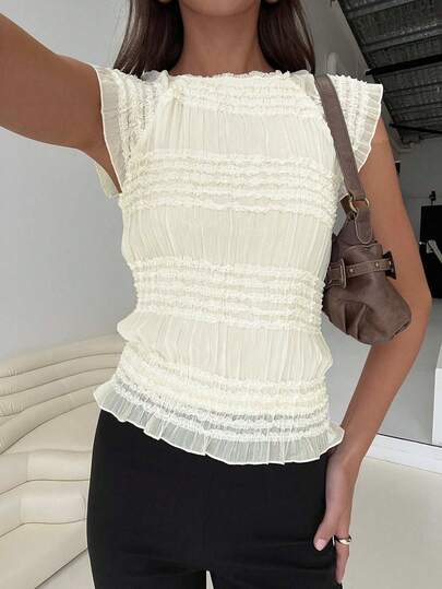 Siren Gaze Women's White Smocked Ruffle Blouse, Short Sleeve Crew Neck Chiffon Top, Elegant Slim Fit Summer Casual Fashion Shirt For Daily Wear