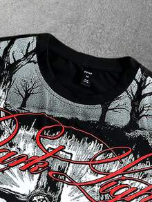 男士哥特印花短袖T恤，适合春夏穿着 - 黑色 - 查看 3