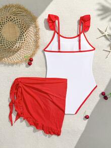 Cherry Printed Tween Girl Ruffled One-Piece Swimsuit With Coverup And Skirt - Red and White - View 2