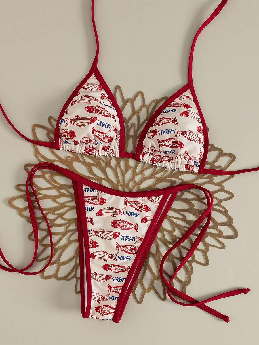 Swim Vcay 新款女士优雅可爱性感航海风红白鱼印花两件式三角比基尼套装，吊带上衣配有可调节系带，高腰丁字裤泳裤，复古海岸 Y2K 风格泳装，饰有“溪流水”文字图案，是夏季海滩度假、泳池派对和热带海岛之旅的完美之选。 - 紅色 - 查看 1