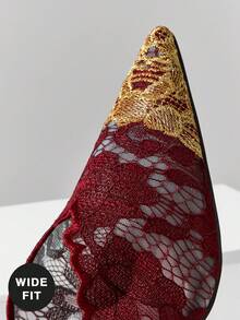 SHUZIA 女士浪漫时尚性感派对尖头蕾丝细高跟穆勒鞋 - 酒紅色 - 查看 4